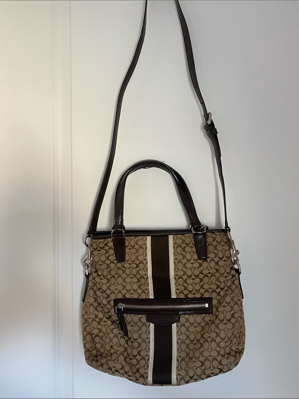 Coach Brown Signature Canvas Crossbody Bag with Center Stripe